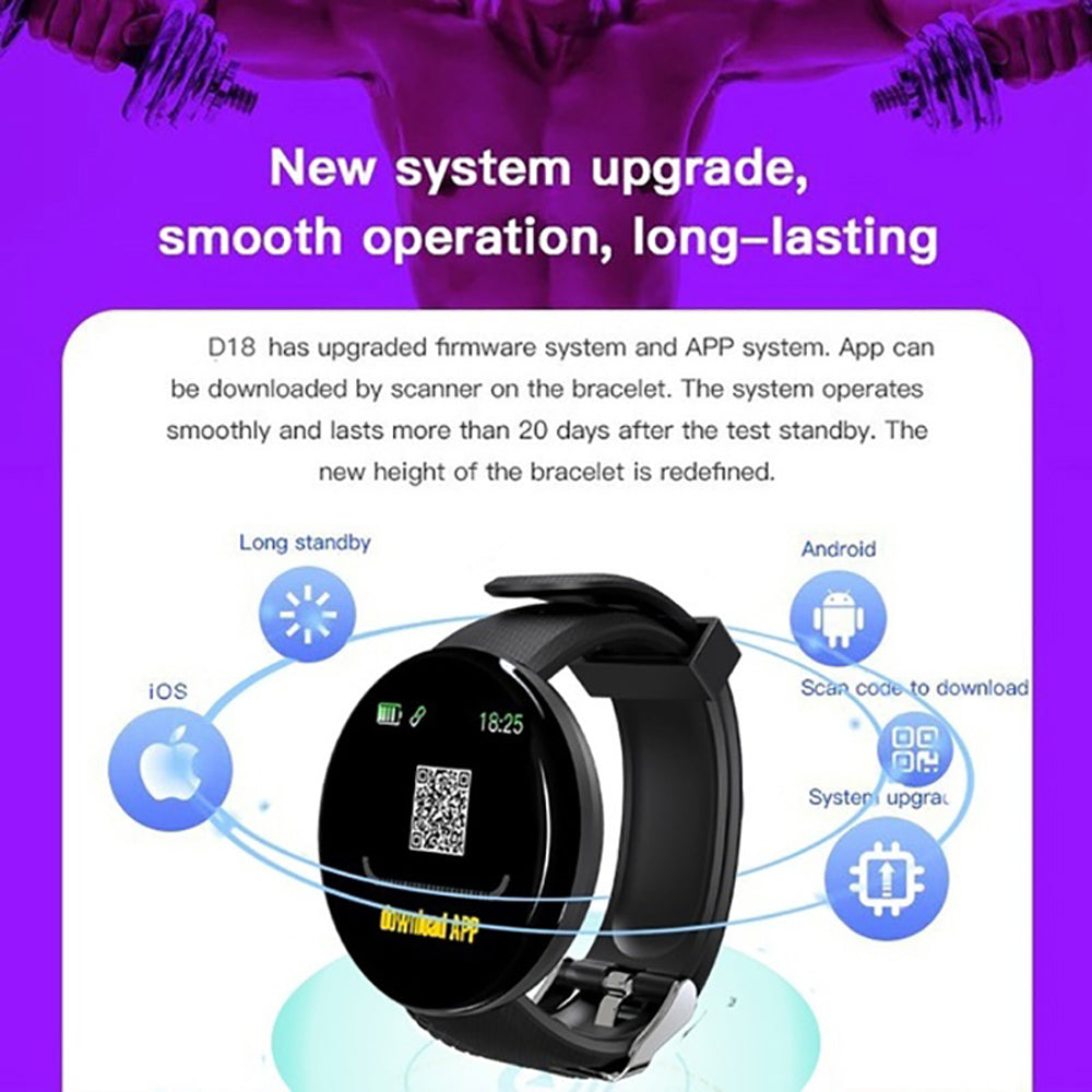 D18 Bluetooth Smart Watch, Men Women Blood Pressure Heart Rate Monitor Smart Watch, Tracker Smart Band For Android IOS